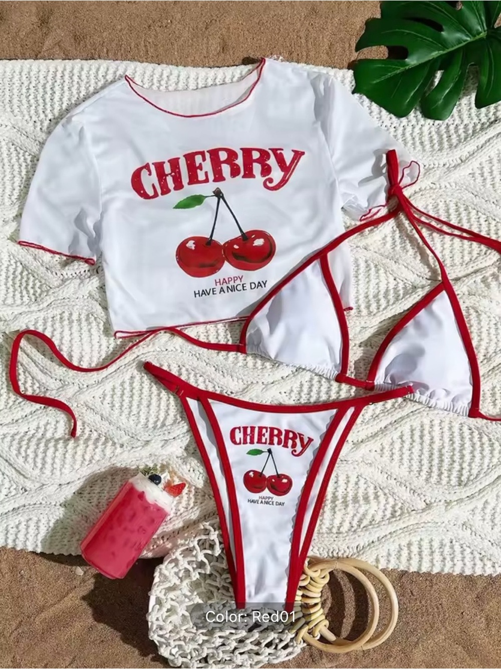 Cherry Print White & Red Women’s Bikini Set
